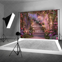 Aperturee - Aperturee Enchanted Floral Garden Photography Backdrop Romantic Staircase with Pink and Purple Flowers