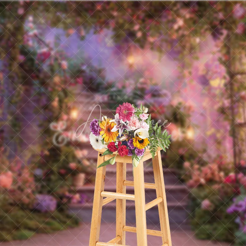 Aperturee - Aperturee Enchanted Floral Garden Photography Backdrop Romantic Staircase with Pink and Purple Flowers
