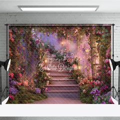 Aperturee - Aperturee Enchanted Floral Garden Photography Backdrop Romantic Staircase with Pink and Purple Flowers