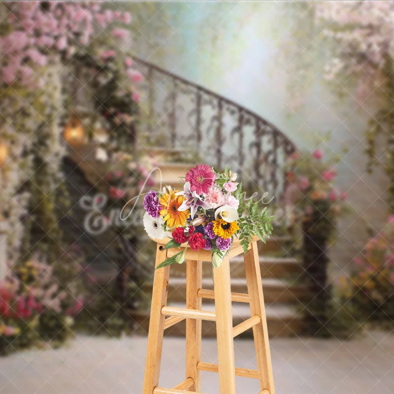 Aperturee - Aperturee Enchanted Floral Garden Spiral Staircase Photography Backdrop Romantic Fairytale Wedding Party Decor