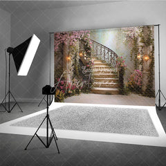 Aperturee - Aperturee Enchanted Floral Garden Spiral Staircase Photography Backdrop Romantic Fairytale Wedding Party Decor