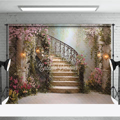 Aperturee - Aperturee Enchanted Floral Garden Spiral Staircase Photography Backdrop Romantic Fairytale Wedding Party Decor