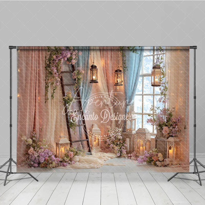 Aperturee - Aperturee Enchanted Floral Ladder and Lantern Window Photography Backdrop Pastel Pink Blue Sheer Curtain Scene for Weddings