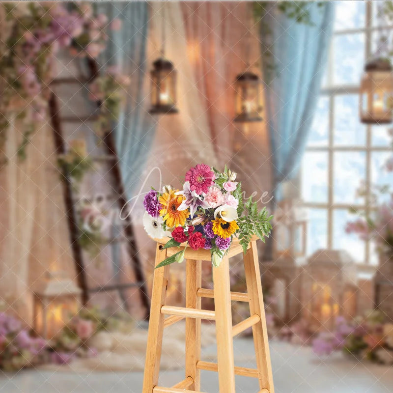 Aperturee - Aperturee Enchanted Floral Ladder and Lantern Window Photography Backdrop Pastel Pink Blue Sheer Curtain Scene for Weddings