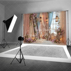 Aperturee - Aperturee Enchanted Floral Ladder and Lantern Window Photography Backdrop Pastel Pink Blue Sheer Curtain Scene for Weddings