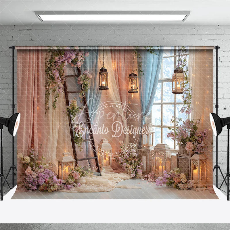 Aperturee - Aperturee Enchanted Floral Ladder and Lantern Window Photography Backdrop Pastel Pink Blue Sheer Curtain Scene for Weddings