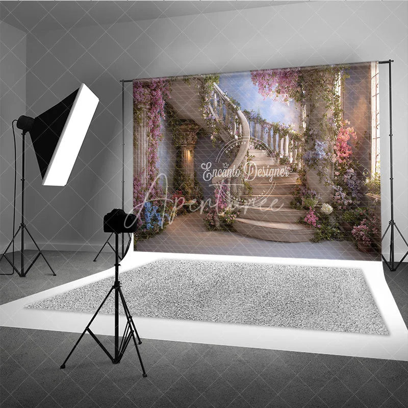 Aperturee - Aperturee Enchanted Floral Spiral Staircase Photography Backdrop Lush Garden Fairytale Theme Elegant Portrait Decor