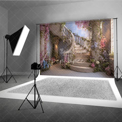 Aperturee - Aperturee Enchanted Floral Spiral Staircase Photography Backdrop Lush Garden Fairytale Theme Elegant Portrait Decor