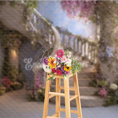 Aperturee - Aperturee Enchanted Floral Spiral Staircase Photography Backdrop Lush Garden Fairytale Theme Elegant Portrait Decor