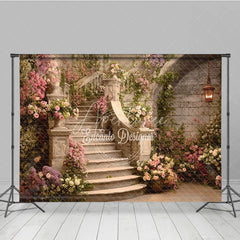 Aperturee - Aperturee Enchanted Floral Staircase Photography Backdrop Romantic Garden Party Decor