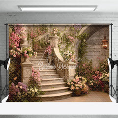 Aperturee - Aperturee Enchanted Floral Staircase Photography Backdrop Romantic Garden Party Decor