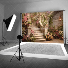 Aperturee - Aperturee Enchanted Floral Staircase Photography Backdrop Romantic Garden Party Decor