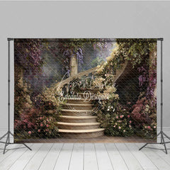 Aperturee - Aperturee Enchanted Floral Staircase Photography Backdrop Romantic Garden Wedding or Portrait Studio
