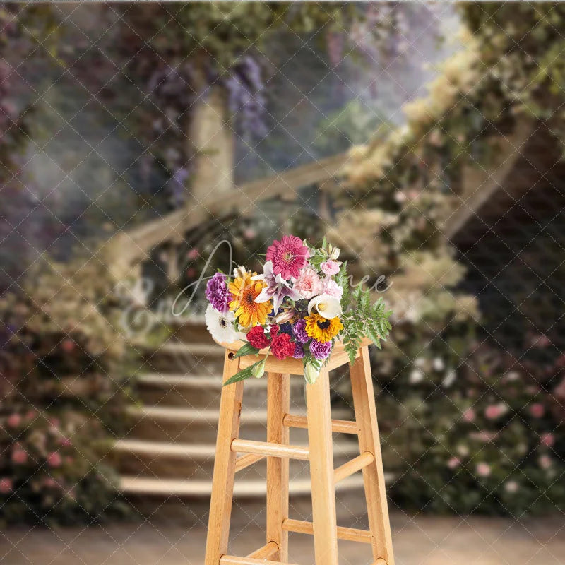 Aperturee - Aperturee Enchanted Floral Staircase Photography Backdrop Romantic Garden Wedding or Portrait Studio