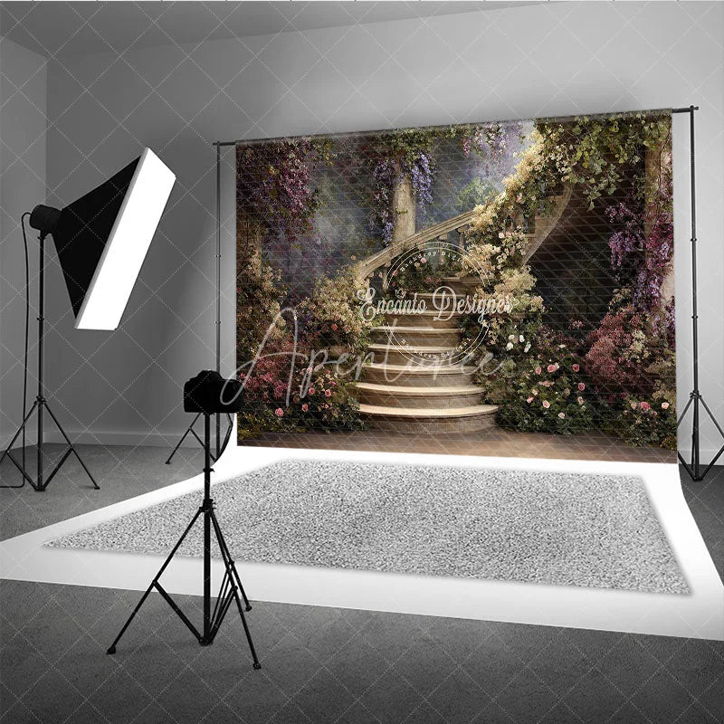 Aperturee - Aperturee Enchanted Floral Staircase Photography Backdrop Romantic Garden Wedding or Portrait Studio