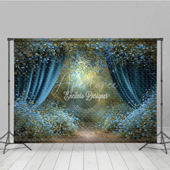 Aperturee - Aperturee Enchanted Forest Backdrop Magical Blue Curtains Background Fairy Tale Garden with Blue Flowers Photo Prop