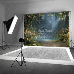 Aperturee - Aperturee Enchanted Forest Backdrop Magical Fairy Garden Background Water Lily Pond with String Lights Photo Props