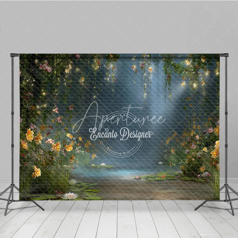 Aperturee - Aperturee Enchanted Forest Backdrop Magical Fairy Garden Background Water Lily Pond with String Lights Photo Props