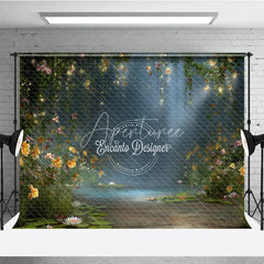 Aperturee - Aperturee Enchanted Forest Backdrop Magical Fairy Garden Background Water Lily Pond with String Lights Photo Props