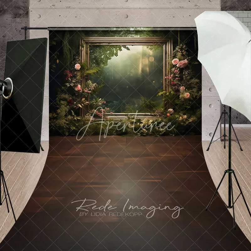Aperturee - Aperturee Enchanted Forest Frame Sweep Photo Backdrop Green Nature Floral Mirror Background Fairy Tale Jungle Floor Prop