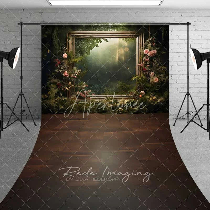 Aperturee - Aperturee Enchanted Forest Frame Sweep Photo Backdrop Green Nature Floral Mirror Background Fairy Tale Jungle Floor Prop