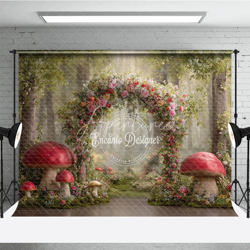 Aperturee - Aperturee Enchanted Forest Photography Backdrop Fairytale Floral Arch with Red Mushrooms Magical Woods Photo Background