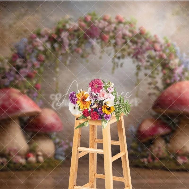 Aperturee - Aperturee Enchanted Forest Photography Backdrop Fairytale Mushroom Arch with Flowers Fine Art Painterly Background