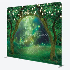 Aperturee - Aperturee Enchanted Forest Tension Fabric Backdrop String Lights Greenery Decor Magical Spring Garden Theme Background