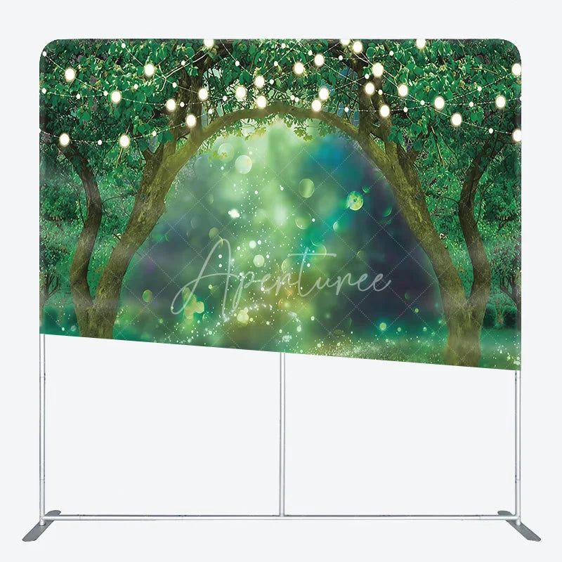 Aperturee - Aperturee Enchanted Forest Tension Fabric Backdrop String Lights Greenery Decor Magical Spring Garden Theme Background