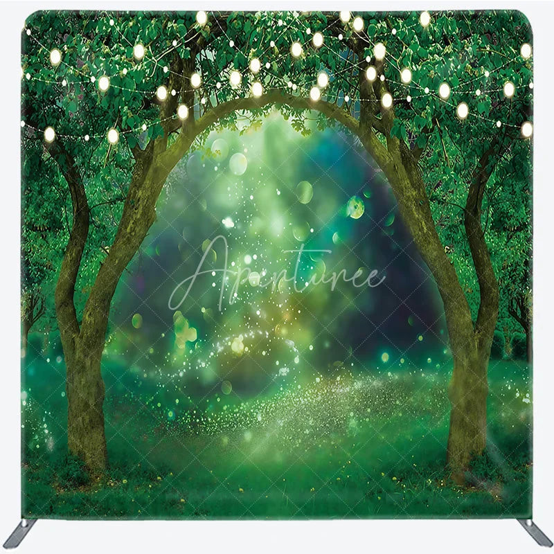 Aperturee - Aperturee Enchanted Forest Tension Fabric Backdrop String Lights Greenery Decor Magical Spring Garden Theme Background