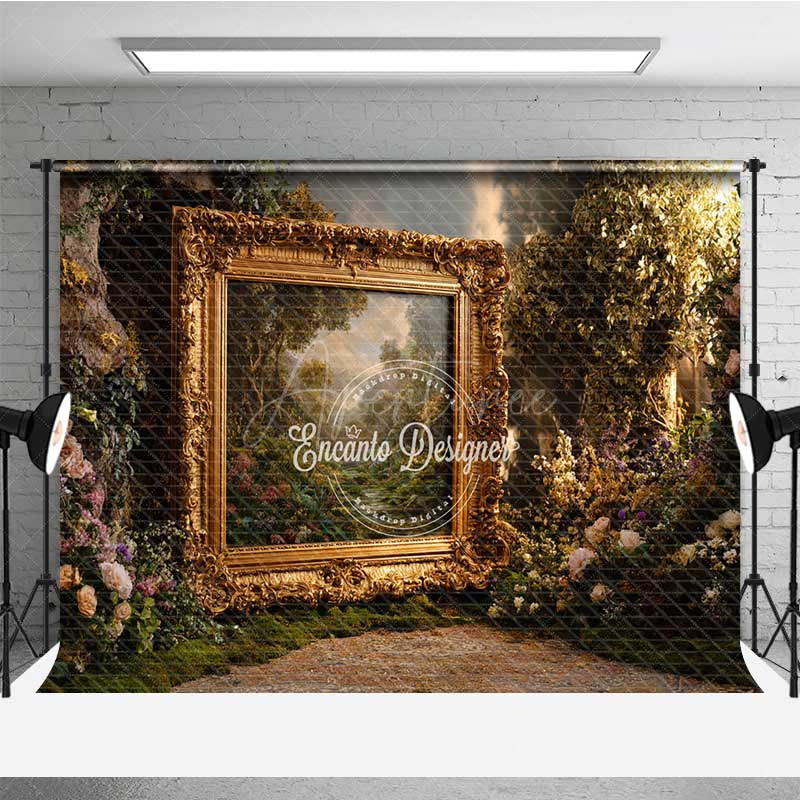 Aperturee - Aperturee Enchanted Forest Wedding Photography Backdrop Ornate Gold Frame in the Woods Fine Art Themed Photo Prop Decor