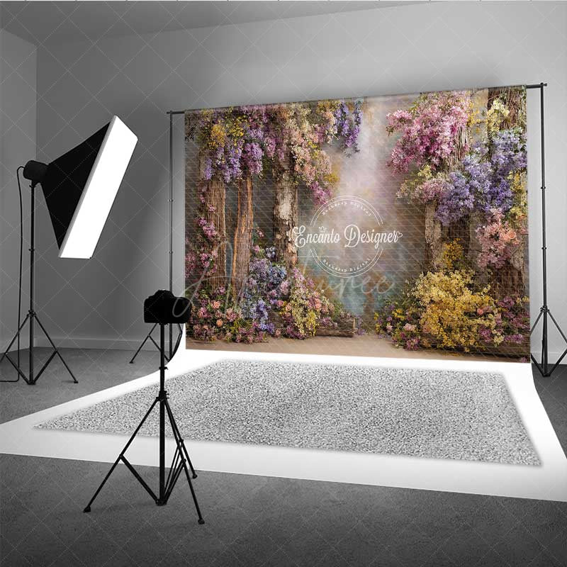 Aperturee - Aperturee Enchanted Forest Wedding Photography Backdrop Rustic Trees with Colorful Flowers Magical Garden Ceremony Prop