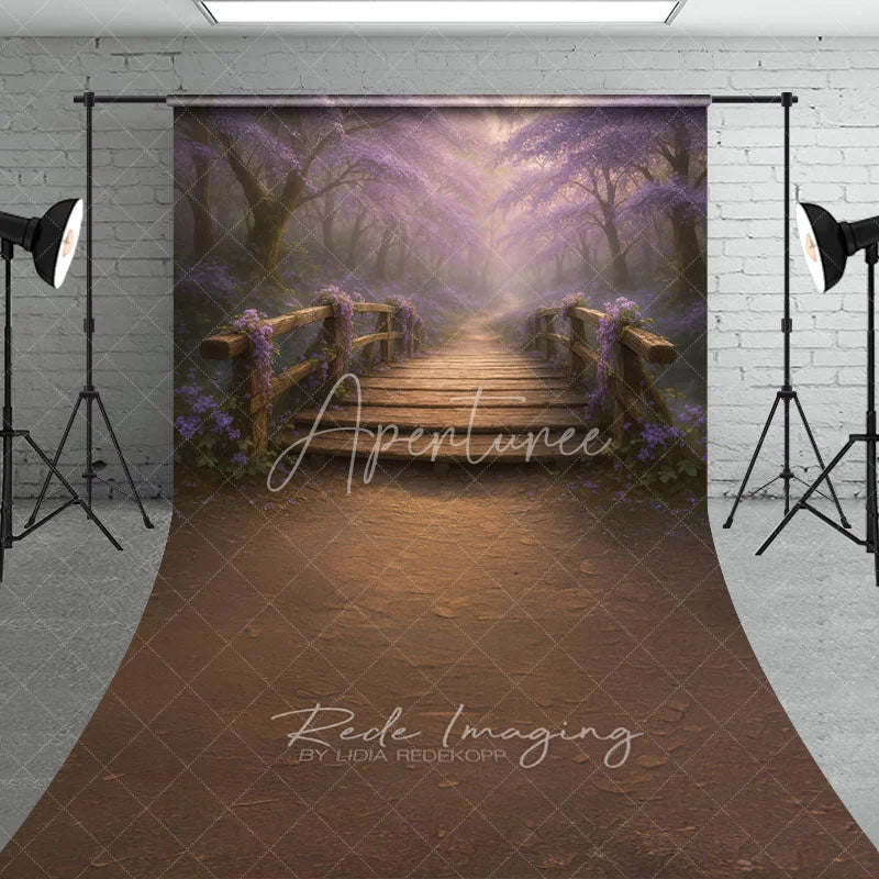 Aperturee - Aperturee Enchanted Forest with Wooden Bridge Sweep Backdrop Magical Purple Flowers Fairytale Photo Studio Floor Drop