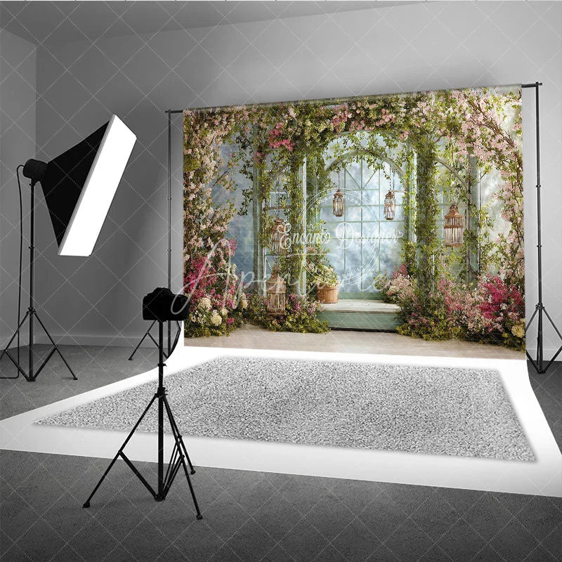 Aperturee - Aperturee Enchanted Garden Archway Photography Backdrop with Pink and White Blossoms Lush Green Vines and Hanging Lanterns