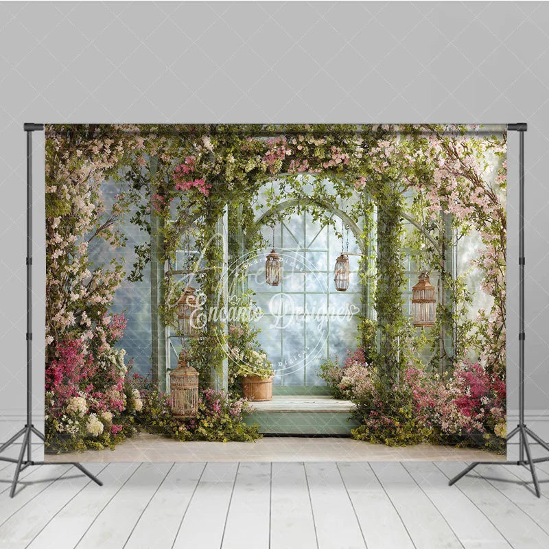 Aperturee - Aperturee Enchanted Garden Archway Photography Backdrop with Pink and White Blossoms Lush Green Vines and Hanging Lanterns