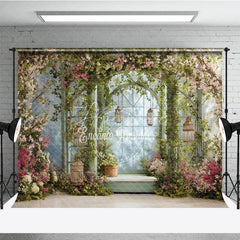 Aperturee - Aperturee Enchanted Garden Archway Photography Backdrop with Pink and White Blossoms Lush Green Vines and Hanging Lanterns