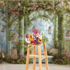 Aperturee - Aperturee Enchanted Garden Archway Photography Backdrop with Pink and White Blossoms Lush Green Vines and Hanging Lanterns