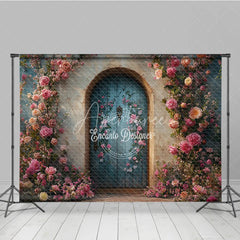 Aperturee - Aperturee Enchanted Garden Door Photography Backdrop Climbing Pink Roses on Blue Door Fairytale Fine Art Photo Background