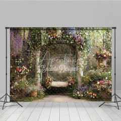 Aperturee - Aperturee Enchanted Garden Floral Archway Photography Backdrop with Rustic Swing and Lush Wisteria Dreamy Portrait Decor