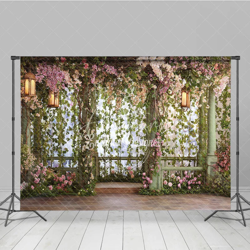 Aperturee - Aperturee Enchanted Garden Floral Photography Backdrop with Greenery and Lanterns Romantic Wedding Party Portrait Decor
