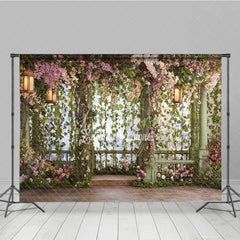 Aperturee - Aperturee Enchanted Garden Floral Photography Backdrop with Greenery and Lanterns Romantic Wedding Party Portrait Decor