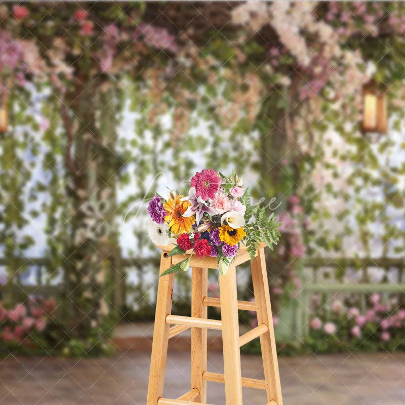 Aperturee - Aperturee Enchanted Garden Floral Photography Backdrop with Greenery and Lanterns Romantic Wedding Party Portrait Decor