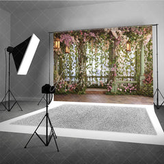 Aperturee - Aperturee Enchanted Garden Floral Photography Backdrop with Greenery and Lanterns Romantic Wedding Party Portrait Decor