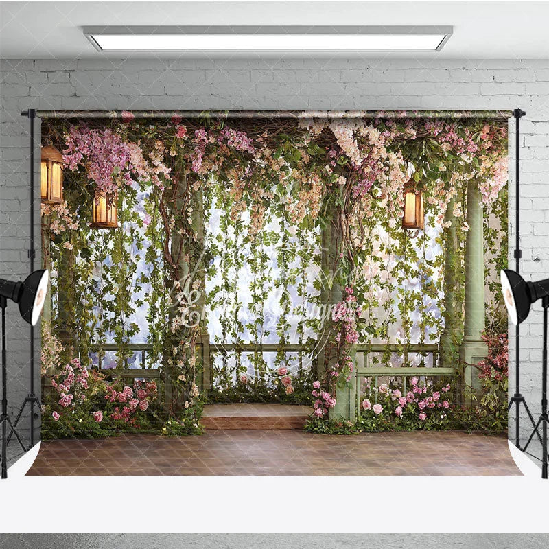 Aperturee - Aperturee Enchanted Garden Floral Photography Backdrop with Greenery and Lanterns Romantic Wedding Party Portrait Decor