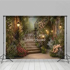 Aperturee - Aperturee Enchanted Garden Floral Staircase Photography Backdrop Blooming Flowers and Warm Lanterns Romantic Fairytale Setting.
