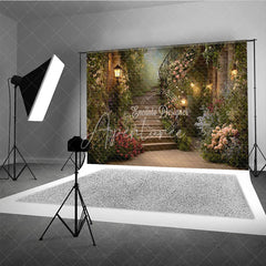 Aperturee - Aperturee Enchanted Garden Floral Staircase Photography Backdrop Blooming Flowers and Warm Lanterns Romantic Fairytale Setting.