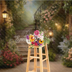 Aperturee - Aperturee Enchanted Garden Floral Staircase Photography Backdrop Blooming Flowers and Warm Lanterns Romantic Fairytale Setting.