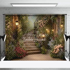 Aperturee - Aperturee Enchanted Garden Floral Staircase Photography Backdrop Blooming Flowers and Warm Lanterns Romantic Fairytale Setting.