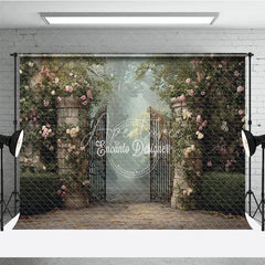 Aperturee - Aperturee Enchanted Garden Gate Backdrop Cobblestone Path with Iron Gate Pink Rose Floral Photography Background Prop