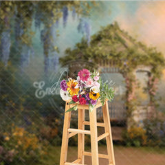 Aperturee - Aperturee Enchanted Garden Gazebo Photography Backdrop with Lush Wisteria and Colorful Spring Flowers Romantic Fairytale Scene